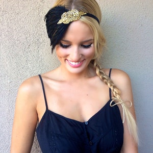 Black feather headpiece Gold beaded fascinator black Art Deco flapper headband, Great Gatsby headband, 1920s dress, 1920s feather headband image 5