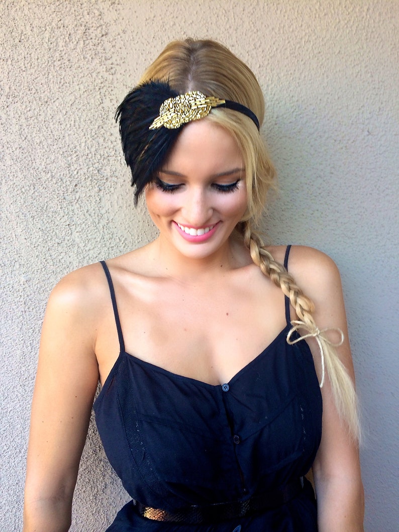 Black feather headpiece Gold beaded fascinator black Art Deco flapper headband, Great Gatsby headband, 1920s dress, 1920s feather headband image 5