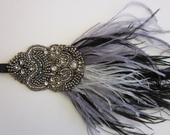 1920s Gatsby Flapper Headband, Silver Rhinestone Feather Headwear