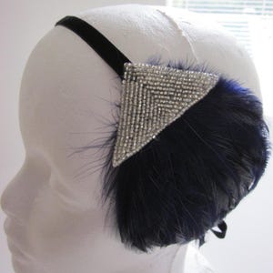 Navy blue feather 1920s headpiece Great Gatsby headband, Stretch Elastic flapper fascinator Silver beaded art Deco beaded Fascinator