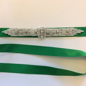 Emerald Green Great Gatsby headband, Emerald Satin ribbon silver hollywood rhinestone headpiece gold fascinator Art Deco flapper tie back