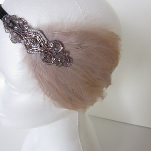 GRAY FEATHER HEADBAND, Rose Gold headpiece, 1920s Great Gatsby grey feather fascinator beaded headpiece, Art Deco flapper hair accessories image 2