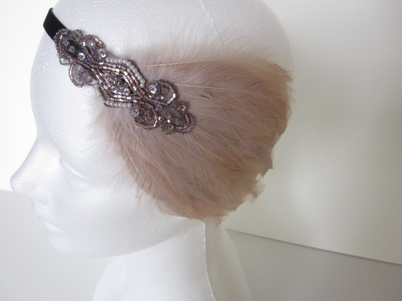 GRAY FEATHER HEADBAND, Rose Gold headpiece, 1920s Great Gatsby grey feather fascinator beaded headpiece, Art Deco flapper hair accessories image 2