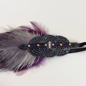Plum feather headband, plum great gatsby ostrich Headpiece, rhinestone fascinator beaded headband 1920s gatsby headband, Stretch Elastic