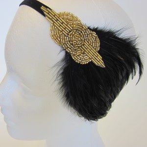 Black feather headpiece Gold beaded fascinator black Art Deco flapper headband, Great Gatsby headband, 1920s dress, 1920s feather headband image 2