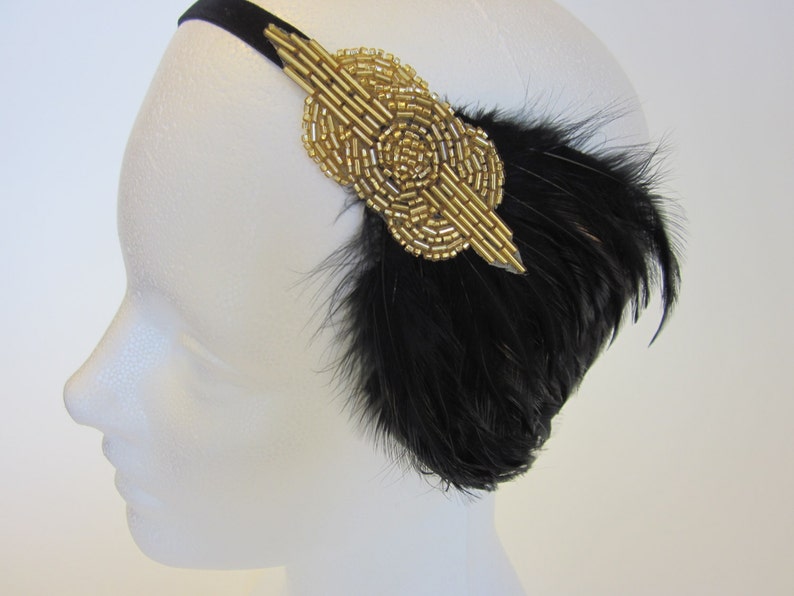 Black feather headpiece Gold beaded fascinator black Art Deco flapper headband, Great Gatsby headband, 1920s dress, 1920s feather headband image 2