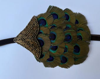 Peacock Feather Flapper Headband: 1920s Beaded Art Deco Hair Accessory