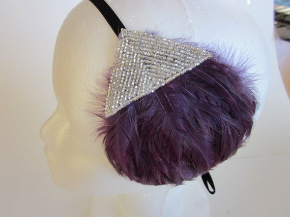 Purple & Silver Long Feather Headpiece Fascinator Headband Vintage 1920s 30s Y28 