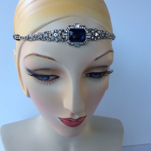 Blue 1920s Art Deco Jewel headpiece, Great Gatsby sapphire navy blue Forehead Flapper Headband emerald Green rhinestone wedding Baguette