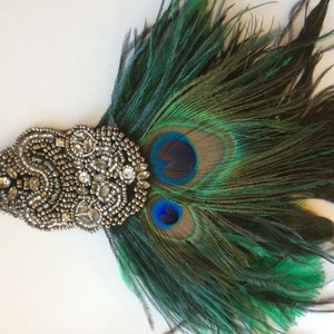 Green Peacock Feather headband, Green & Black 1920s Ostrich Feathers Fascinator Great Gatsby New Year's Eve Party Flapper headpiece Blue