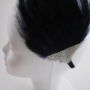 Navy blue feather headpiece, 1920s Great Gatsby headband, stretch elastic velvet, silver Art Deco beads accent, ribbon tie back