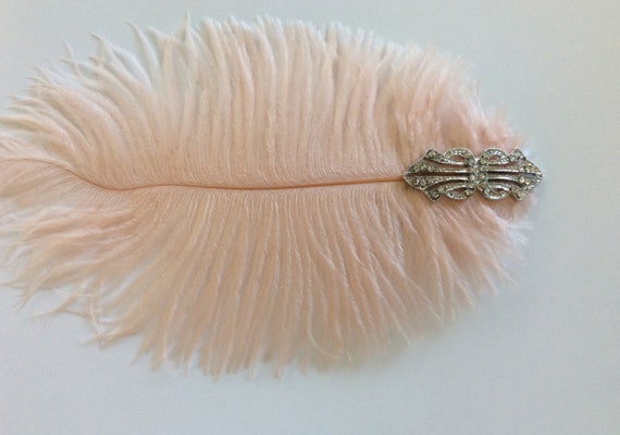 Blush Champagne Feather Hair Clip: 1920s Silver Deco Alligator Clip