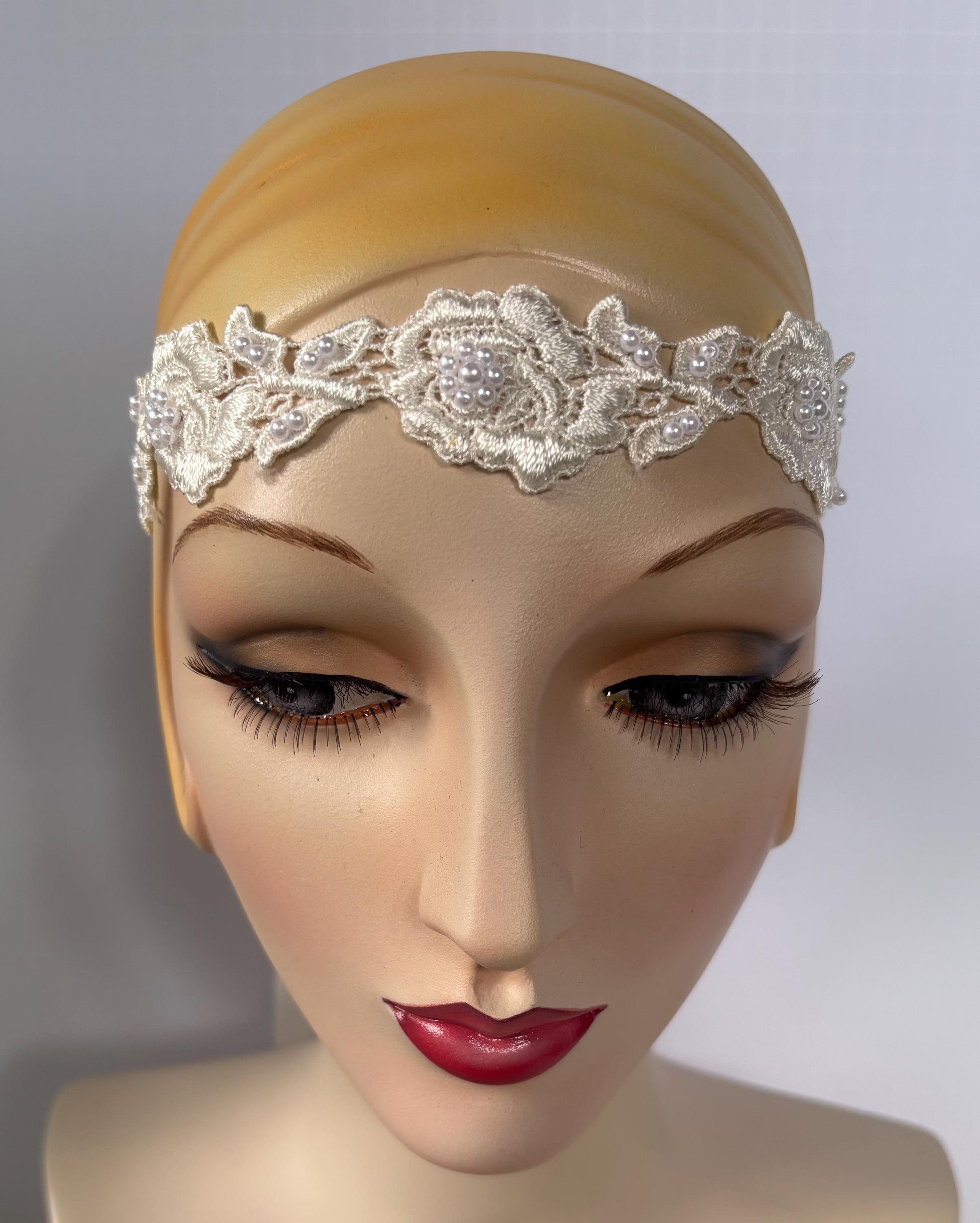 Ivory Lace Pearl Headpiece: 1920s Beaded Flapper Headband - Etsy display picture 1