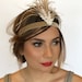 Gatsby 1920s headpiece, Gold Jewel Fascinator, Great Gatsby headband Beige Feathers hair accessory Pearl rhinestones crystals bridal wedding