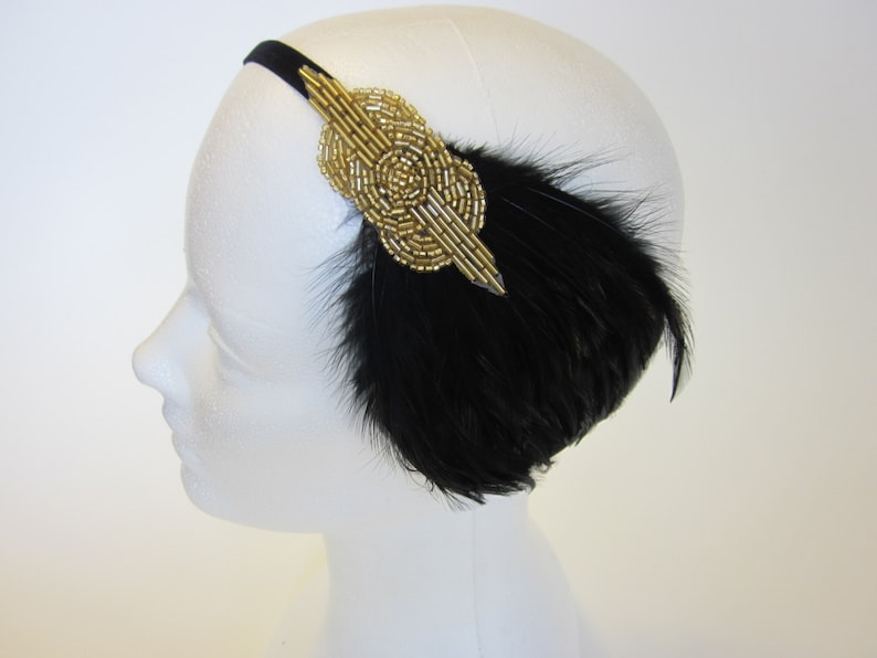Black feather headpiece Gold beaded fascinator black Art Deco flapper headband, Great Gatsby headband, 1920s dress, 1920s feather headband image 7