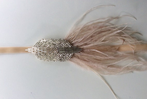 1920s Champagne ostrich feathers headband, Great … - image 1