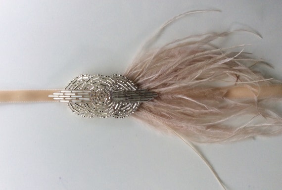 Art Deco Beaded Ostrich Feather Headband: 1920s Gatsby Style  display picture 3