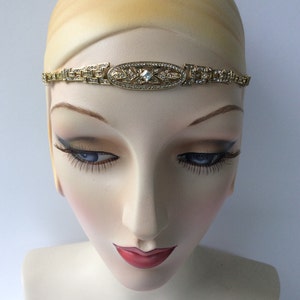 GOLD 1920s Art Deco headpiece, Great Gatsby 20s Silver Forehead Flapper Headband rhinestone wedding hair piece Baguette crystals