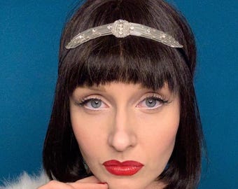 1920s Rhinestone Headpiece: Art Deco Flapper Headband with Velvet Ribbon