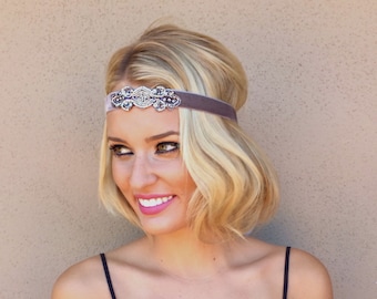 1920s Gatsby Beaded Headband, Art Deco Bridal Hair Accessory, Champagne Silver Rose Gold