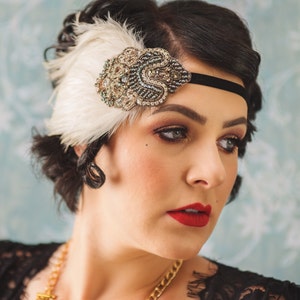RHINESTONE headpiece, 1920s headband, ivory feather flapper headband, pewter beaded headpiece, topaz, rhinestone, 1920s dress, topaz, beige,