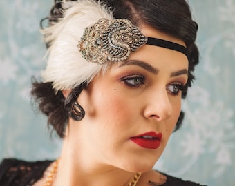 Gatsby Feather Headband: Gunmetal Beaded Flapper Headpiece, Custom Colors