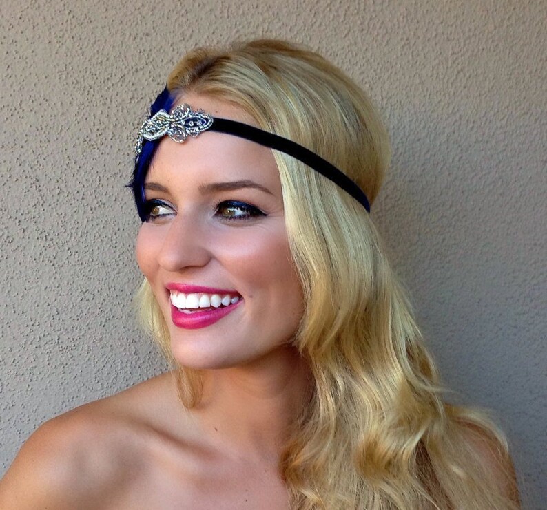 Great Gatsby Headband Blue Feather Fascinator Silver 1920s Etsy