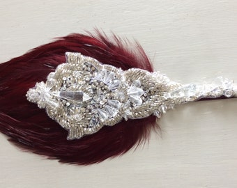 Burgundy feather Bridal headband, Silver Beaded hair piece , wedding fascinator 1920s Flapper Art Deco  Headpiece