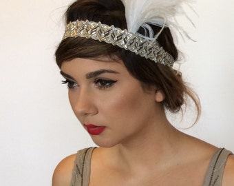 Silver Gray Flapper Headband, Beaded Ostrich Feather, 1920s Gatsby Style