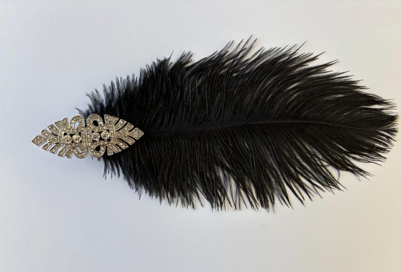 May include: A decorative hair accessory featuring a long, black ostrich feather attached to a silver-toned metal clip. The clip is shaped like an elongated leaf or marquise design and is encrusted with numerous small, clear, sparkling rhinestones.