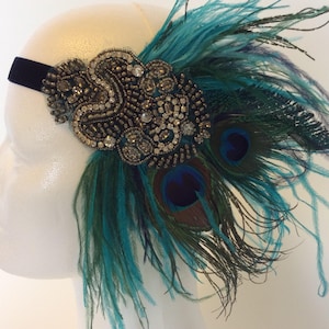 Peacock Feather headband, ostrich feather fascinator. great gatsby fascinator, teal ostrich feathers, Hunter green flapper headpiece 1920s