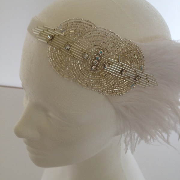 Silver 1920s Headband, rhinestone Wedding fascinator, silver beaded ostrich feathers headpiece Great Gatsby