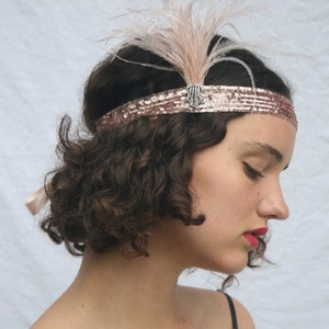 Sequins Headband Art Deco Style, Blush Pink Feather Accent, Silver Jewel, Gray Feathers, Satin Ribbon Tie, Great Gatsby