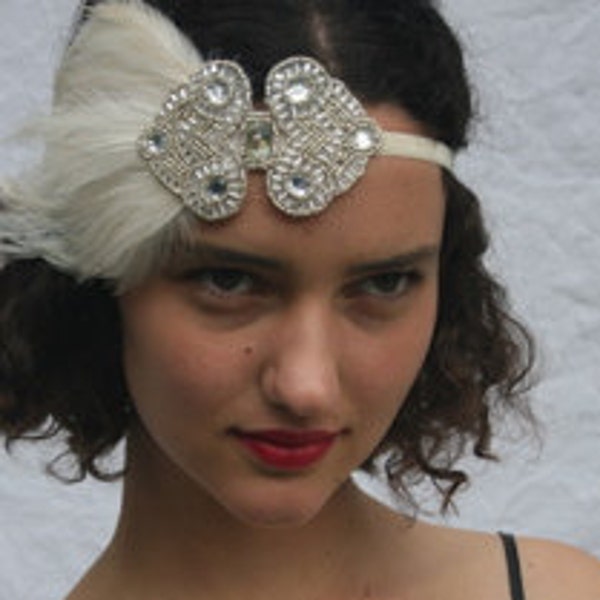 Great Gatsby headband, Ivory wedding headpiece, silver bridal flapper bride Ivory feather Art Deco 1920s headpiece, fascinator,