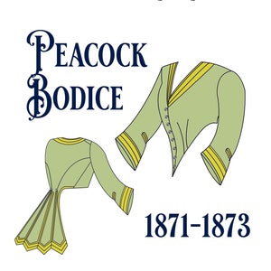 May include: A diagram of a vintage "Peacock Bodice" fashion design from 1871-1873. The bodice is a light green color with yellow trim. The design is shown in two parts, the front and the back.