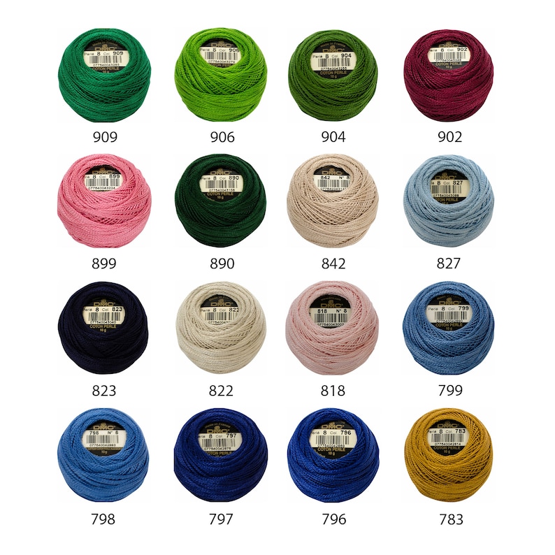 May include: Assortment of 12 DMC embroidery floss spools in various colors, including green, pink, beige, blue, navy, and gold. Each spool is labeled with the DMC color number.
