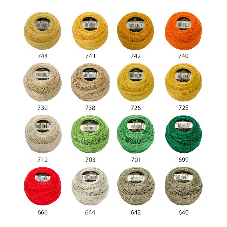 May include: A collection of 12 spools of DMC embroidery floss in various colors, including red, orange, yellow, green, beige, and white. Each spool is labeled with a number.