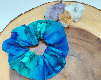 Shades of green and blue watercolor scrunchie