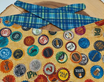 Beer Caps/Blue Plaid reversible Tie On bandana