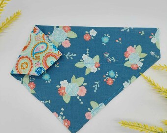 blue floral/paisley embroidery print reversible over the collar bandana