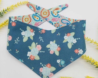 Blue floral/Paisley embroidery print reversible tie on bandana