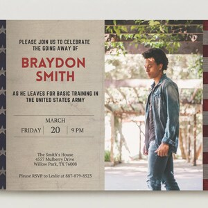 May include: A rectangular invitation card featuring a patriotic American flag border. The left side displays text announcing a going away celebration for Braydon Smith, while the right side shows a photograph of a person in a denim jacket.