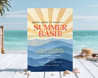 Beach or Pool Party Invitation, Summer Bash, Fun in the Sun, Canvas Editable Template