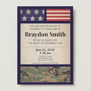 May include: An invitation card with a patriotic theme. The top features the American flag and stars. The text reads "You have been recruited to celebrate the going away of Braydon Smith before he leaves for the United States Marine Corp."