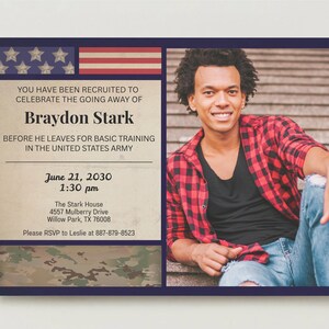 May include: A navy blue invitation card featuring a photo of a smiling person in a red and black plaid shirt. The card includes text: "YOU HAVE BEEN RECRUITED TO CELEBRATE THE GOING AWAY OF Braydon Stark...June 21, 2030 1:30 pm..." and a camouflage pattern.