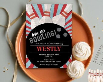 Bowling Birthday Invitation, Canvas Editable Template, Bowling Party