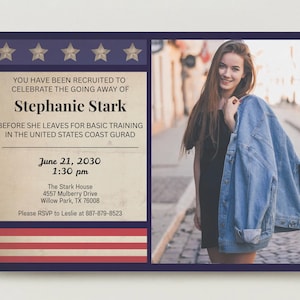 May include: An invitation with a navy blue border and patriotic design. The invitation includes text that reads "YOU HAVE BEEN RECRUITED TO CELEBRATE THE GOING AWAY OF Stephanie Stark" and details for a going away party. A photo of a woman is on the right.