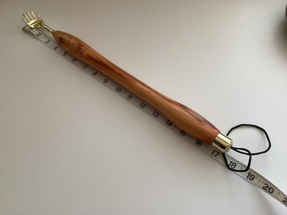 Hand Turned English Yew Wood Back Scratcher with Brass Fittings