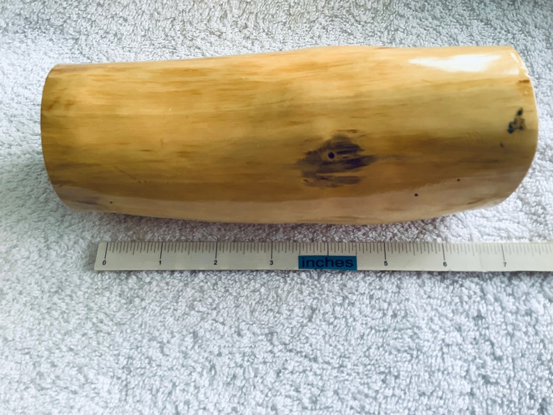 May include: A light brown, smooth, cylindrical piece of wood with a dark brown knot. The wood is approximately 17.8 cm long.