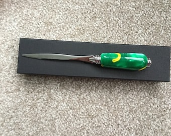 Letter Opener...The Handle is Hand Turned From Polished Mixed Colour Acrylic....With Silver Coloured Chrome Plated Metal Fittings....